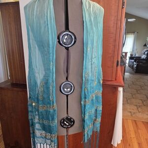 Elegant Teal and Gold Embroidered Scarf